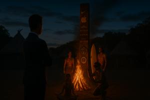 Illustration of a suited man watching a fire surrounded by tribal figures—yogi, surfer, gamer—gathered around a totem pole featuring global brand logos (Nike, Apple, Red Bull, Spotify), symbolizing modern tribal culture and the brands that ignite collecti