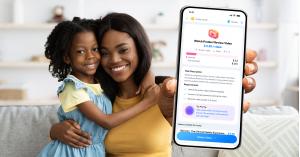 A smiling mother and daughter sit together on a couch at home, with the mother holding a smartphone displaying the RentGain app. The screen shows a task to watch a product review video for $2.50, highlighting the app’s user-friendly interface and opportun