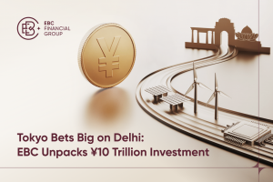 A golden yen coin stands on a smooth surface with paths leading to Indian landmarks, wind turbines, solar panels, and a semiconductor chip, symbolising Japan’s ¥10 trillion investment in India’s clean energy, infrastructure, and technology - EBC