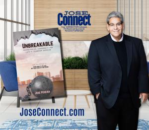Man standing in office with book overlay on picture