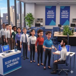 Animated office scene showing employees standing in line for a sleep health screening, with a healthcare worker checking an employee’s vitals while banners in the background read ‘Healthy Workforce, Productive Workforce