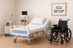 “Hospital ICU setup with a medical bed, wheelchair, monitoring equipment, and oxygen supply in a clean room.