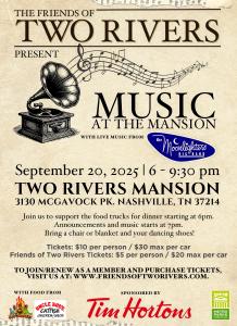 Music at the Mansion poster advertising $10 person up to $30 per car for families with music provided by The Moonlighters big band and Neah McMeen
