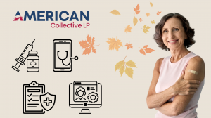 A woman shows her flu shot bandage with healthcare icons around her representing telemedicine, prescription tracking, benefit coverage, and Member Portal access—illustrating American Collective LP’s Fall 2025 guidance for staying on top of seasonal care.