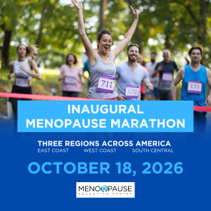 Female runner crossing finish line with arms raised in celebration, wearing race bib number 711, with diverse group of runners behind her in park setting. Blue promotional graphic overlay announces Inaugural Menopause Marathon across three regions - East