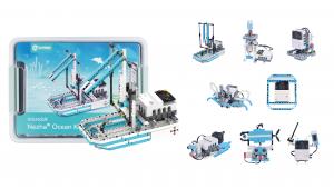 ELECFREAKS Nezha Pro Ocean Kit with box and multiple ocean-themed robot models, including lighthouse, octopus, smart car, and sensor projects for micro:bit STEM learning.