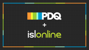 PDQ and ISL Online partnership graphic with logos on a dark background and a colorful border.