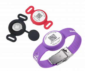 MedicAlert's new QR Code Medical IDs with Location Tracker. The 2 styles shown combine a QR Code on the front of the ID to access medical info, with a waterproof holder for an Apple AirTag to find location.