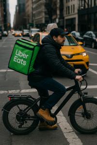 Cass & Peters, a trusted New York workers’ compensation law firm, is sounding the alarm on the rise of injuries among remote employees and gig economy workers Uber Eats delivery worker navigates dangerous New York City streets on an electric bike, carrying a bright green backpack past yellow cabs.