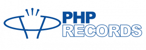 PHP Records logo, white with stroke effect and blue on transparent.