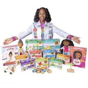 Ava displaying her educational toy collection