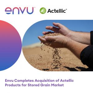 Hands holding and releasing stored grain with Envu and Actellic logos displayed, symbolizing Envu’s acquisition of Actellic products from Syngenta for the stored grain market.