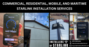 Collage of Starlink installs in Dallas, TX—speed test, wall-mount, non-penetrating roof mount on metal, and Flat High Performance power supply/router on a commercial switch board; company logo visible.