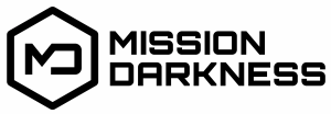 Mission Darkness logo in bold black lettering with an M and D enclosed in a black hexagon to the left of the brand name