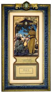 Rare large calendar for Edison Mazda Lamps, titled The Lamp Seller of Baghdad (1923), with a full pad of calendar pages, 26 ¾ inches by 17 inches (less the frame). Estimate: $2,000-$3,000.