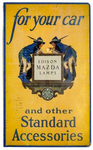 Original antique GE Edison Mazda Lamps metal flange sign (“for your car, and other Standard Accessories”), with artwork by Parrish, 9 ¾ inches by 12 inches. Estimate: $1,500-$2,000.