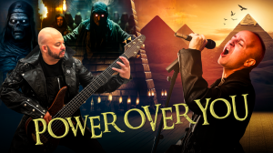 Brian Hunsaker sings in front of an Egyptian pyramid at sunset, with bassist Clif Chambliss in the background. Official artwork for the metal single 'Power Over You'.