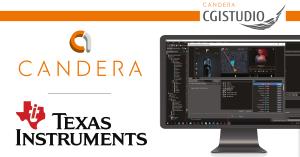 Candera logo and Texas Instruments logo next to a screen running CGI Studio