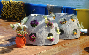 Two Memorials rest on the deck of a boat. They are decorated with flowers.
