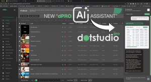 Screenshot of dotstudioPRO CMS dashboard with AI Assistant panel, showing natural language query results for video content management.