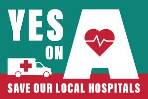 a blue, red, and white logo for the campaign in support of Measure A in santa clara county with graphics of a hospital and beating heart. subtitled save our local hospitals
