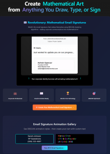 Product webpage showing Smart Banner Hub's Mathematical Email Signature feature with email mockup demonstrating animated signature technology, corporate professional design options, and DBSCAN animation gallery examples.