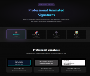 Product gallery page displaying various professional animated email signature templates including Corporate Blue Clean, Executive Gray Frame, and Clean White Professional designs with different color schemes and border options powered by DBSCAN clustering