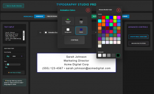 Screenshot of Typography Studio Pro software interface showing email signature design workspace with text input panel, font controls, color palette selection, animation settings, and live preview of professional signature being created using mathematical