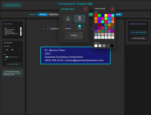 Screenshot of Typography Studio Pro software showing email signature design interface with Dr. Marcus Chen's corporate signature in blue background with cyan border, displaying text input panel, font controls, animation color settings, and mathematical de