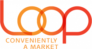Logo with the word 'Loop' in bold orange and red gradient letters, accompanied by the tagline 'Conveniently a Market' underneath, set against a black background.