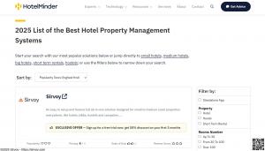 Screenshot from HotelMinder website showing Sirvoy ranked as the #1 Property Management System for hotels, B&B's and short-term vacation rentals ahead of Cloudbeds and Mews