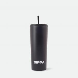 Sleek matte black Sippa EvoTumbler designed for hot coffee and cold beverages.