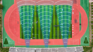 Illustration showing Audfly directional sound technology in outdoor public spaces, demonstrating focused audio zones that reduce noise pollution and deliver clear sound without disturbing surrounding areas.