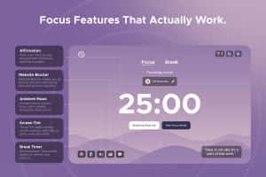 Screenshot of Zentral’s focus timer interface showing a 25-minute session with listed features: affirmations, website blocker, ambient music, screen tint, and break timer.