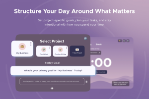 Screenshot of Zentral’s project selection screen with options like My Business, Client Work, Creative Writing, and New Project, highlighting goal-setting for focus sessions.