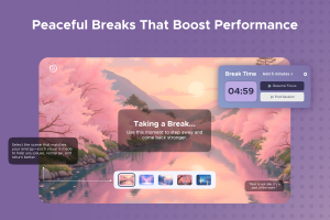 Screenshot of Zentral’s break screen with a cherry blossom scene, a 5-minute break timer, and selectable calming visuals for mindful rest.
