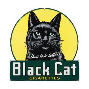 1940s Canadian single-sided porcelain sign for Black Cat Cigarettes, impressive at 50 ¼ inches by 46 ½ inches and professionally restored (CA$34,220).