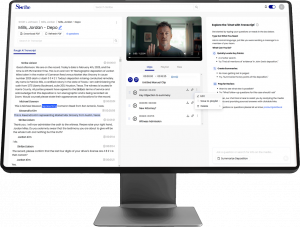 Screenshot of Skribe testimony intelligence platform with synced video, transcript, AI chat, and clipping tools.