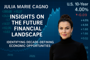 A professional portrait of Julia Marie Cagno set against a financial chart background. The image emphasizes her expertise in analyzing the future financial landscape, including inflation, interest rates, and decade-defining economic opportunities.