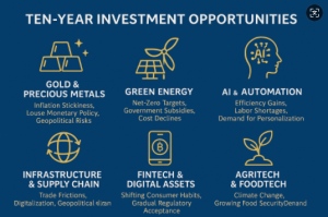 An infographic titled “Ten-Year Investment Opportunities” highlighting six sectors: Gold & Precious Metals, Green Energy, AI & Automation, Infrastructure & Supply Chain, Fintech & Digital Assets, and Agritech & Foodtech, with key drivers such as inflation