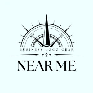 Compass that says Near Me with light blue background.