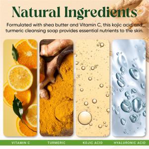 AMVital Turmeric Kojic Acid Soap with natural ingredients: Vitamin C, turmeric, kojic acid, and hyaluronic acid for brightening and hydration.