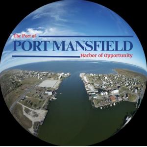 Scenic aerial view from the Port of Port Mansfield Harbor looking East out to the Laguna Madre.  In the background, you can spot the entrance to the East Cut, the dredged channel that connects the Port of Port Mansfield to the Gulf of America.