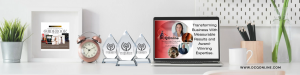Laptop screen with DCQ Online branding, Evergreen Awards, and business strategy visuals highlighting measurable results and expertise.