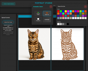 Portrait Studio color selection interface showing Bengal cat portrait transformed into brown mathematical sketch with animation color options displayed.