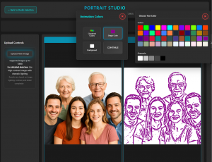 Portrait Studio transforming family reunion portrait into purple mathematical art, showing platform's ability to handle complex group photos with DBSCAN clustering.