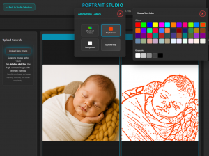 Portrait Studio transforming sleeping newborn portrait into orange mathematical art, showing platform's ability to create gentle keepsakes from precious early moments using clustering algorithms.