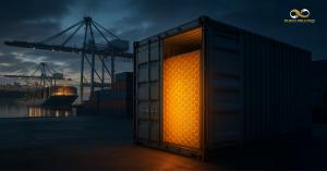 BLOOH Solution Ltd. today confirmed it is in the final stage of talks with one of Scandinavia's largest container manufacturers to integrate lightweight, honeycomb-inspired structures into high-volume production lines BLOOH Solution shipping container with illuminated orange honeycomb structure at industrial port terminal with cranes and cargo ships in background