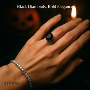 Black Oval Cut Diamond Engagement Ring set in dark metal, worn with a Lab Grown Diamond Tennis bracelet. High-end Black and Lab Diamond Fine Jewelry.