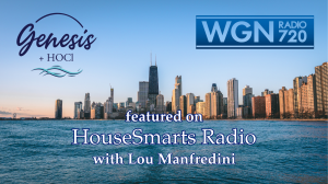 City of Chicago backdrop highlighting Genesis+HOCl’s feature on WGN HouseSmarts Radio with Lou Manfredini.